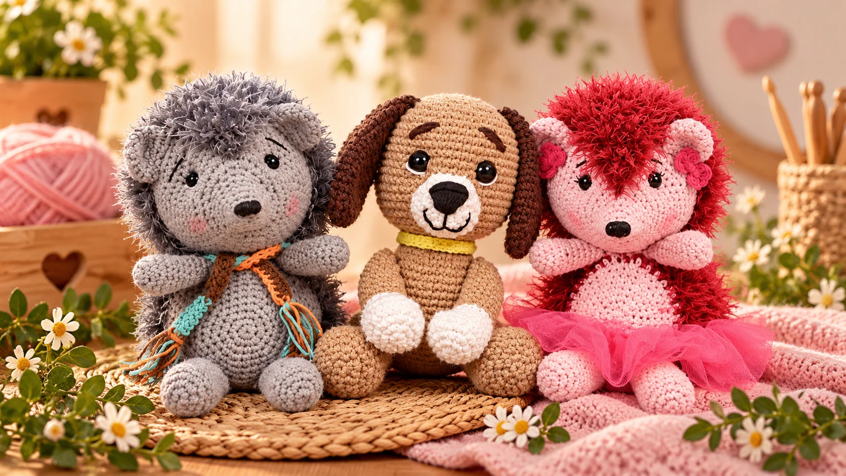Três amigurumis de crochê: um porco-espinho cinza, um cachorrinho marrom e um porco-espinho rosa