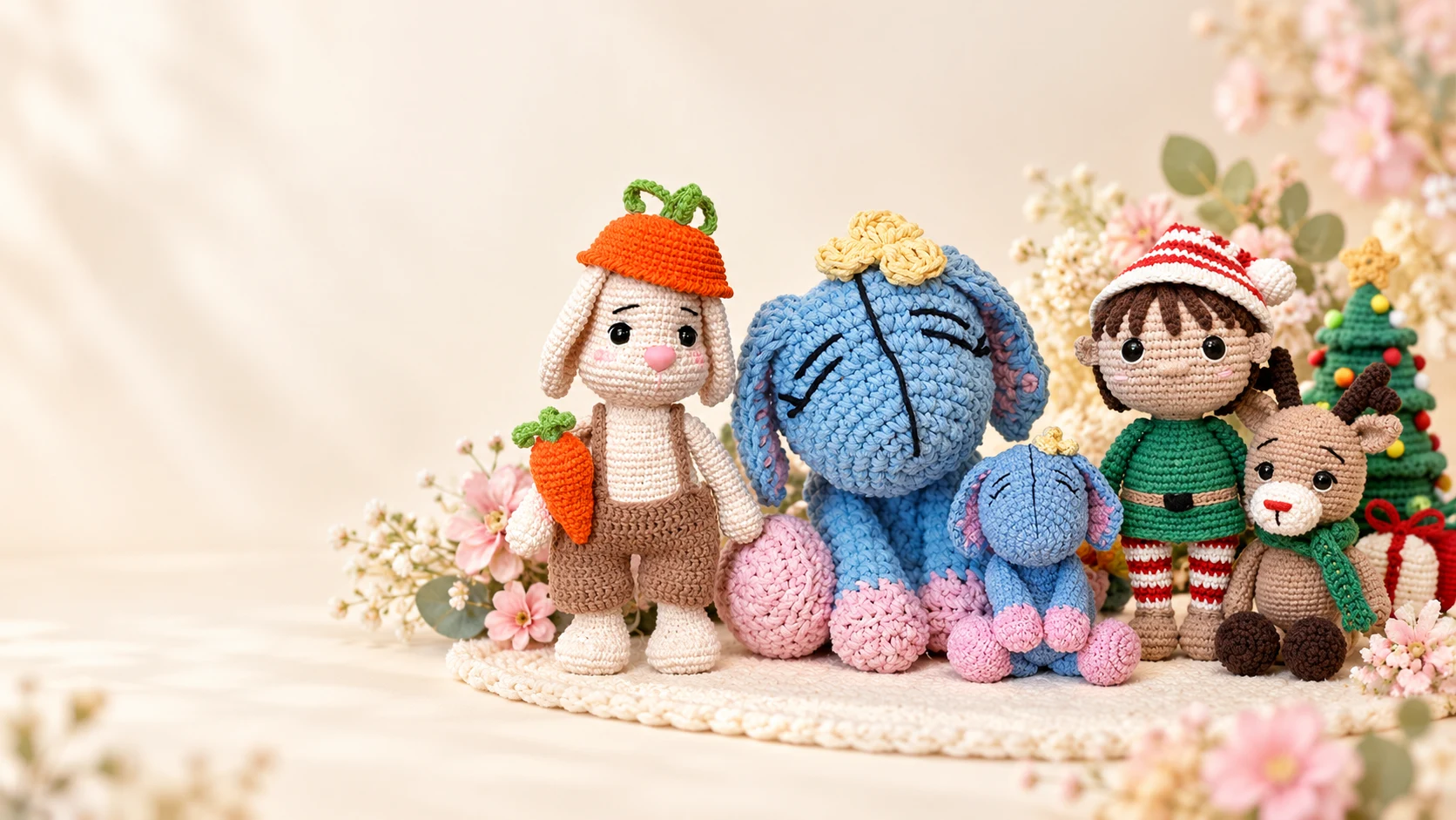 Amigurumis de crochê entre flores: coelhinho com chapéu de cenoura, dois bichinhos azuis, elfo de Natal e rena